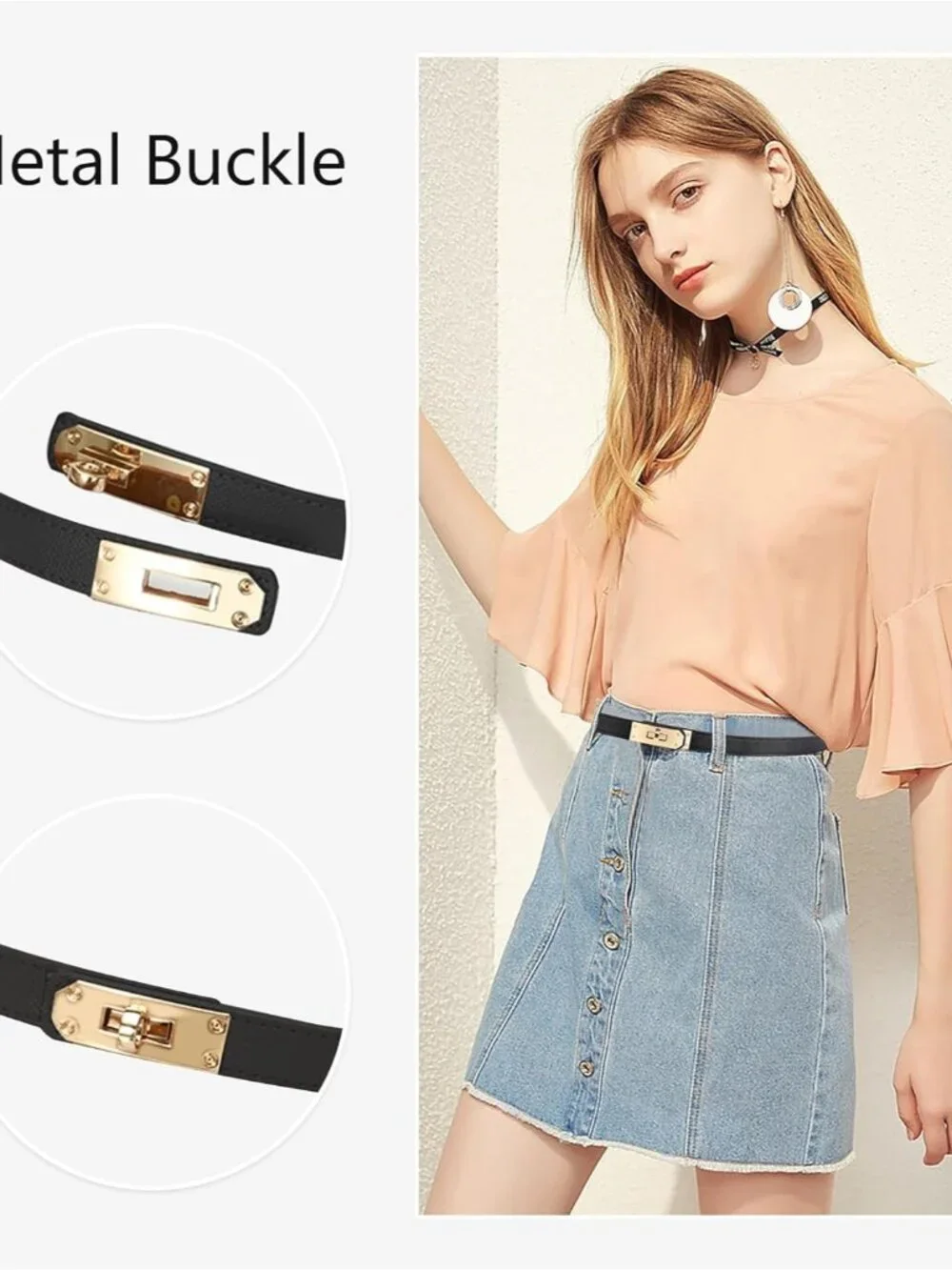 Women's Skinny Leather Belt with Adjustable Golden Turn-Lock Buckle - Ideal for - Picture 3 of 5